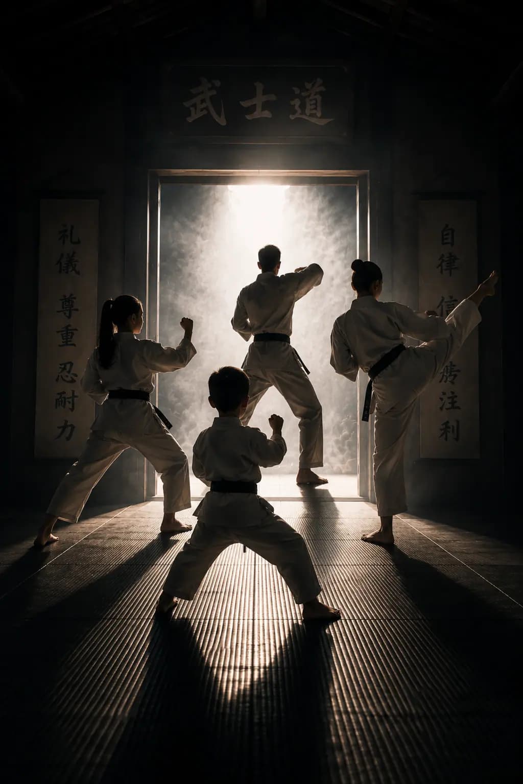 Silhouette de champions d'arts martiaux dans un dojo sombre