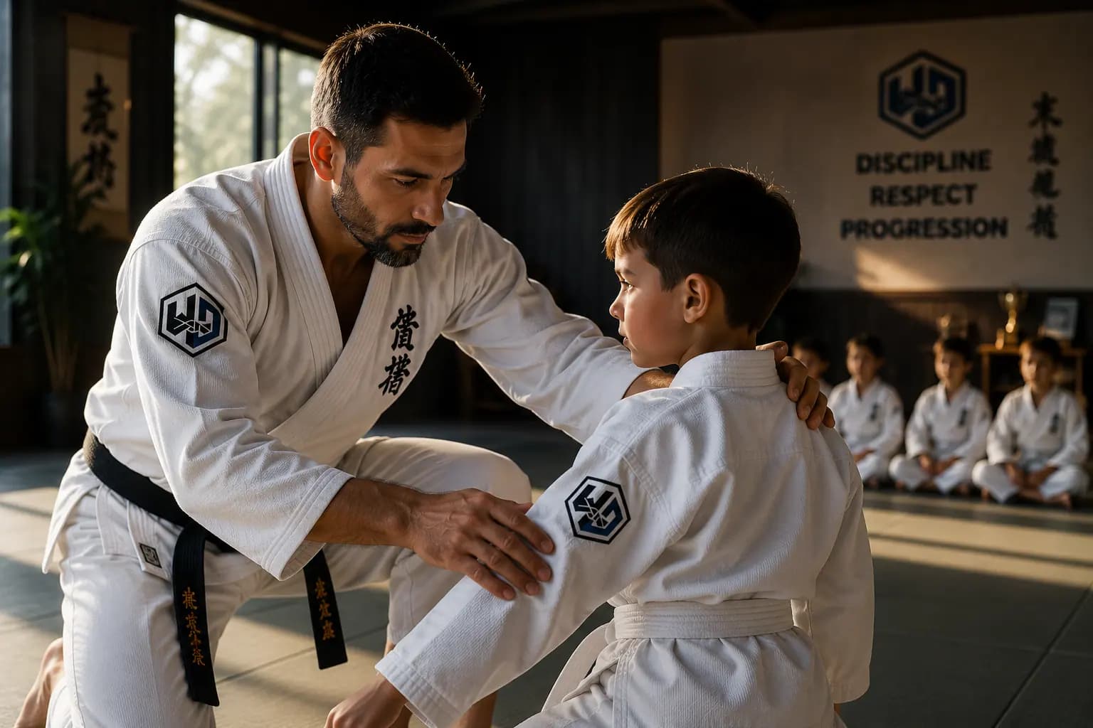 Coach aidant un enfant pendant un cours d'arts martiaux