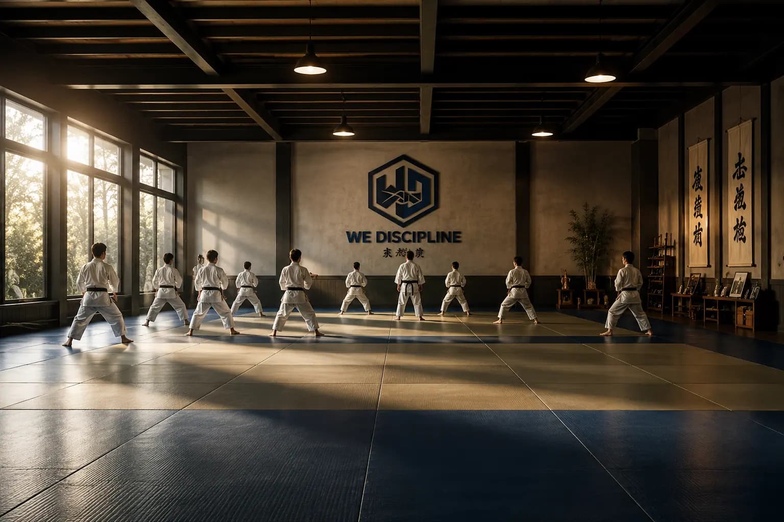 Dojo moderne avec élèves alignés pendant l'entraînement
